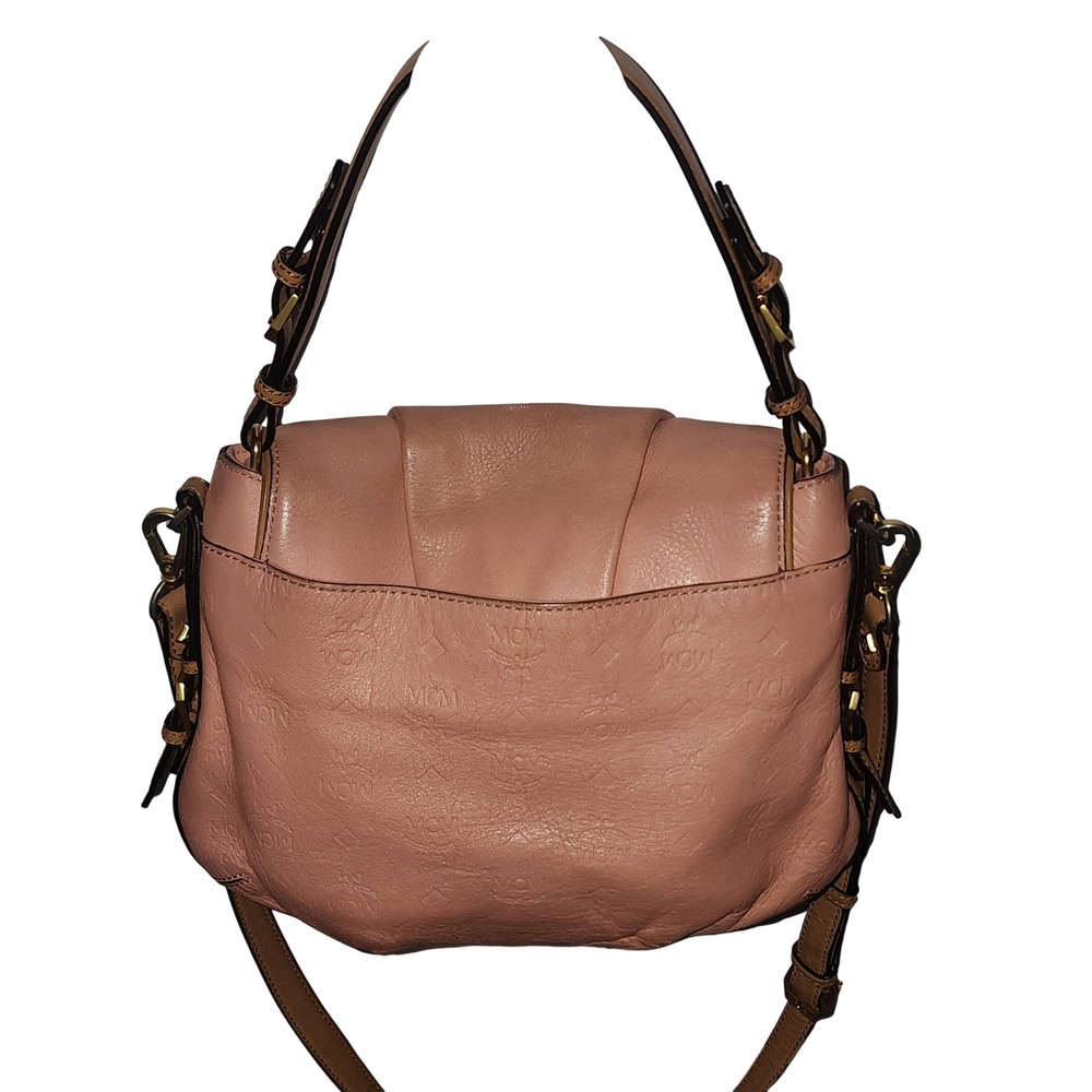 MCM Pink Leather Pleated Flap Crossbody Bag Gold Logo Tan Trim Shoulder Bag - Picture 2 of 5